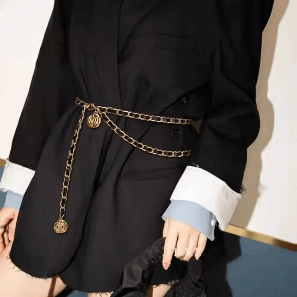 NEW Gold Black Rose Camellia Flower Charms Interwoven Chain Belt